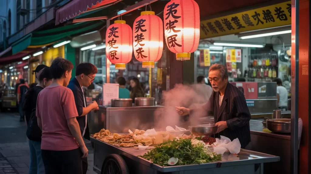 Chinatown hawker leftovers consumption by people showing food waste reuse and street culture