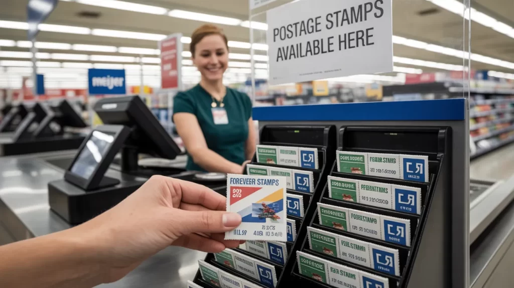 "A shopper asking a cashier at Meijer if they sell postage stamps at the counter"

