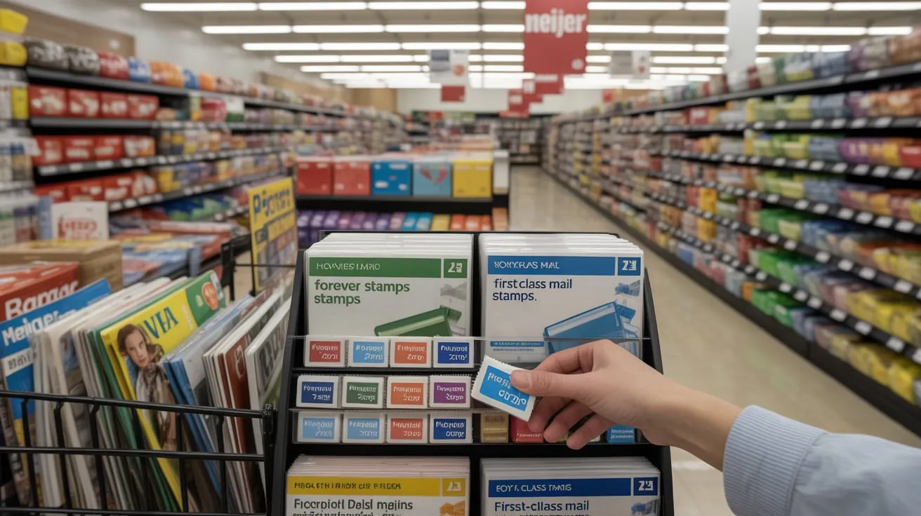 "A shopper asking a cashier at Meijer if they sell postage stamps at the counter"